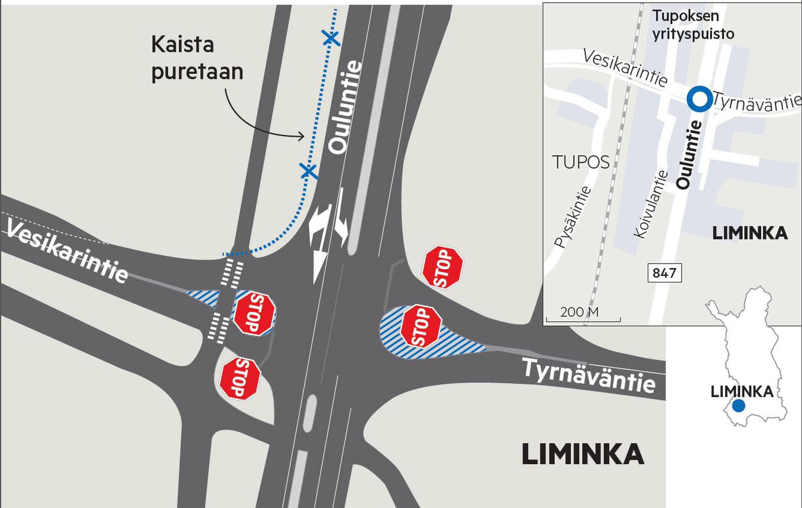 Suomen vaarallisimpiin kuuluva risteys löytyy Limingan Tupoksesta,  liikenneonnettomuudet kasautuvat Helsinkiin | Kaleva