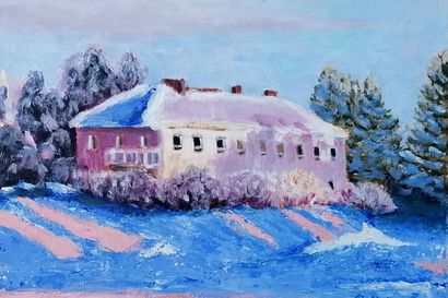Lastensairaalan oloinen talo talven valossa ja muita teoksia Kuusamo-opiston taidemaalarien  kurssityönäyttelyssä