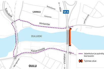 Jalankulku- ja pyöräväylä Pohjantien Oulujoen ylittävällä sillalla suljetaan korjausten takia ensi viikolla