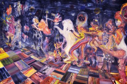 Sinisten verhojen taikaa – kirjava joukko marssii teatteriin Raisa Raekallion ja Misha Del Valin maalauksessa