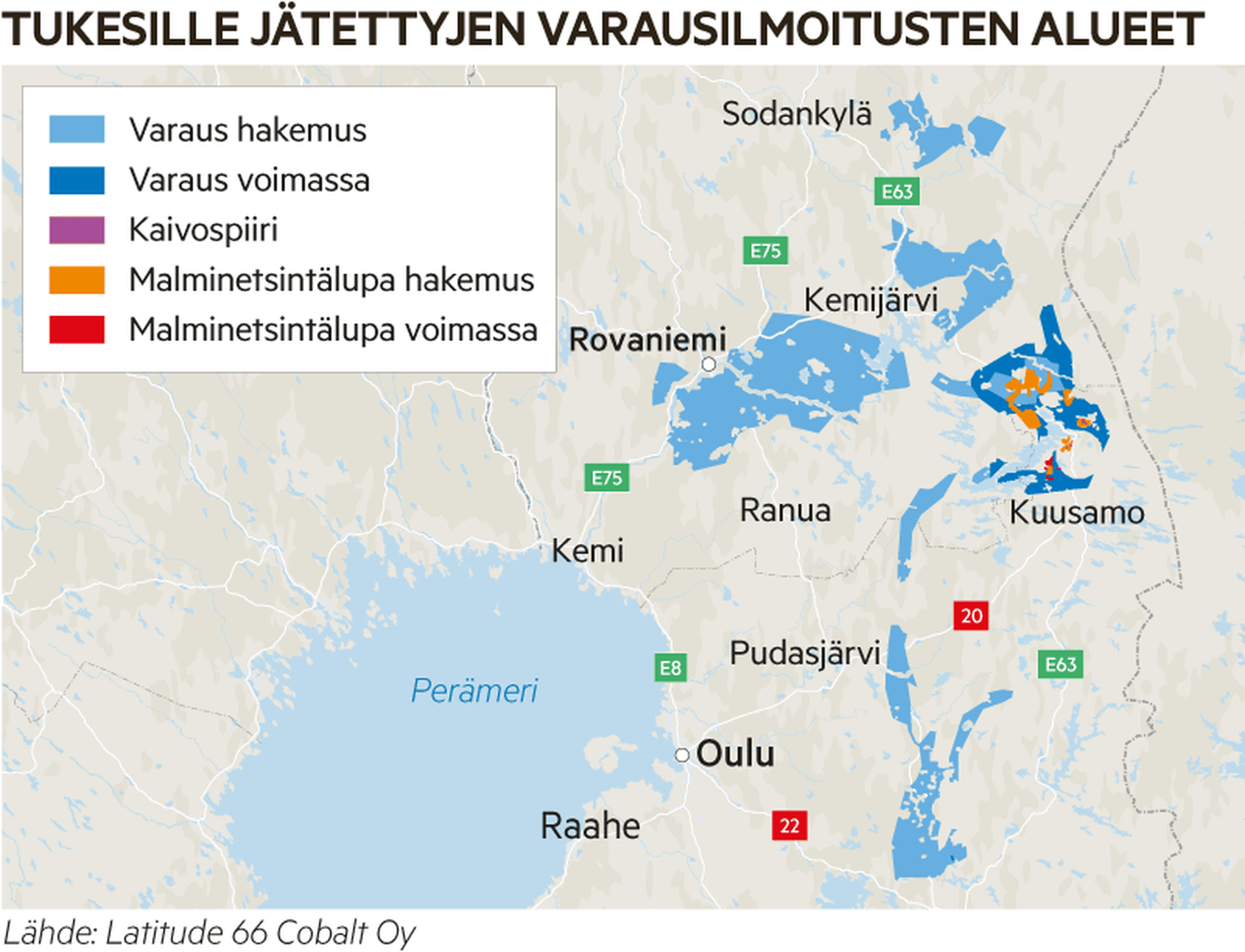 Kaivosyhtiö Latitude 66 Cobalt jätti kolme varausilmoitusta laajoista  alueista Pohjois-Suomessa – yhteenlaskettu pinta-ala 3700 neliökilometriä |  Kaleva