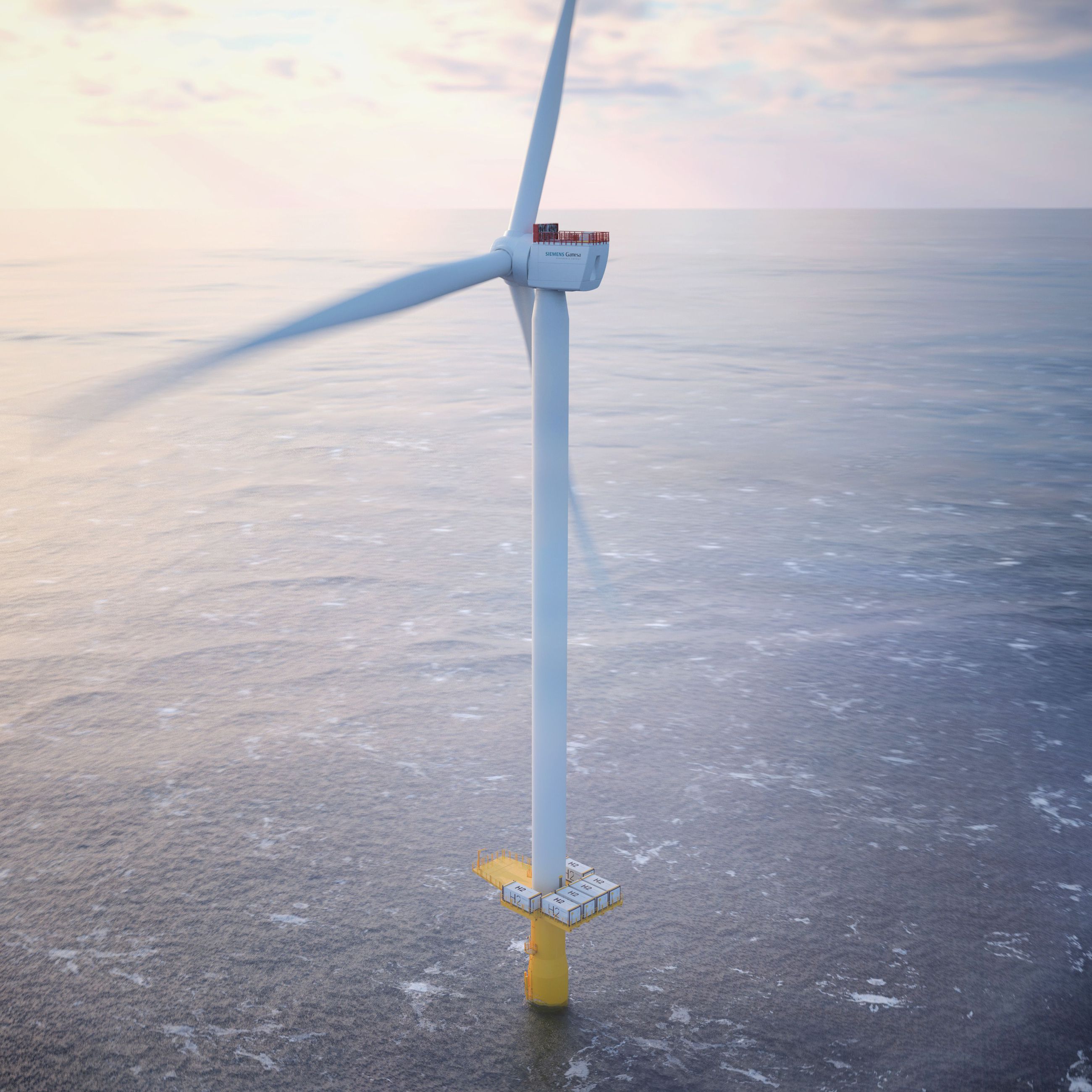 Siemens Gamesa ja Siemens Energy aikovat rakentaa demonstraatiolaitoksen merellä toimivasta täyden mittakaavan tuulivoimalasta, joka tuottaa vetyä vuosina 2025-2026. Kuvassa havainnekuva laitoksesta.
